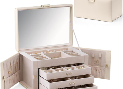 VLANDO Large 3-Drawer Jewellery Organiser Box with Mirror – Apricot White