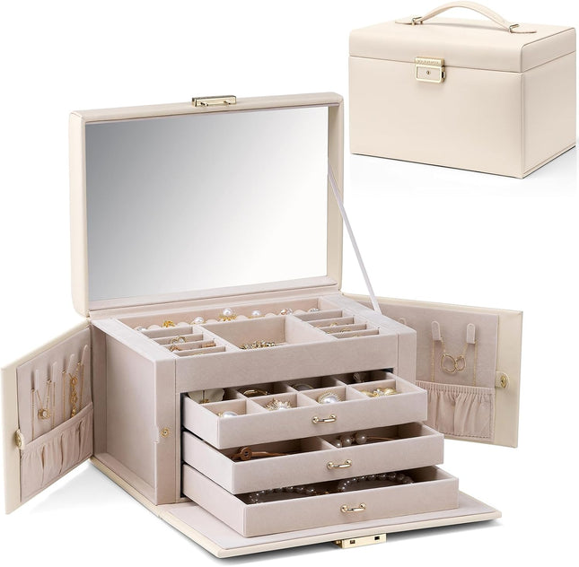 VLANDO Large 3-Drawer Jewellery Organiser Box with Mirror – Apricot White