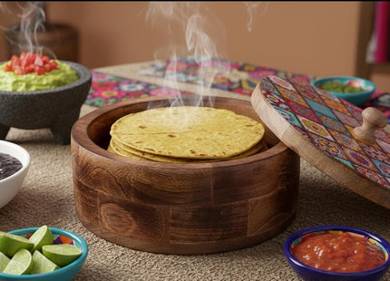 Handmade Wooden Tortilla & Roti Warmer with Lid 9 Inch – Natural Brown