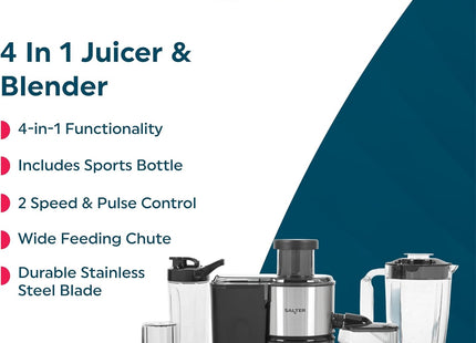 Salter 4-in-1 Juicer & Blender 400W – Smoothie Maker with Grinder & Sports Bottle