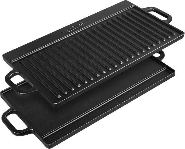 VonShef Reversible Cast Iron BBQ Griddle Pan with Handles – 50cm, Pre-Seasoned Non-Stick, Double-Sided for Hob, Oven & BBQ