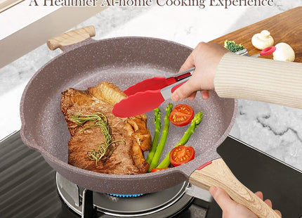 AIKENBBKK 32cm 2-in-1 Ceramic Nonstick Deep Frying Pan with Lid – Brown