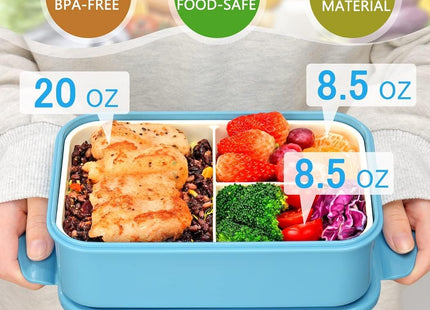 Bento Lunch Box 1100ml 3 Compartment Lunch Container with Spoon & Fork Blue