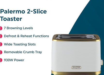 Salter Palermo 2 Slice Toaster 930W – Wide Slots, 7 Browning Levels, White & Gold