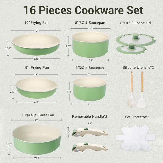 M MELENTA 16 Piece Non Stick Cookware Set – Induction Pots & Pans (Sage Green)