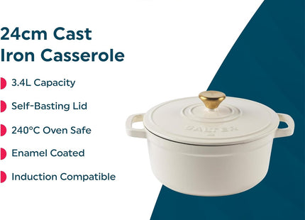 Salter Chester 24cm Cast Iron Casserole Pot – 3.4L Enamel Dutch Oven, Cream