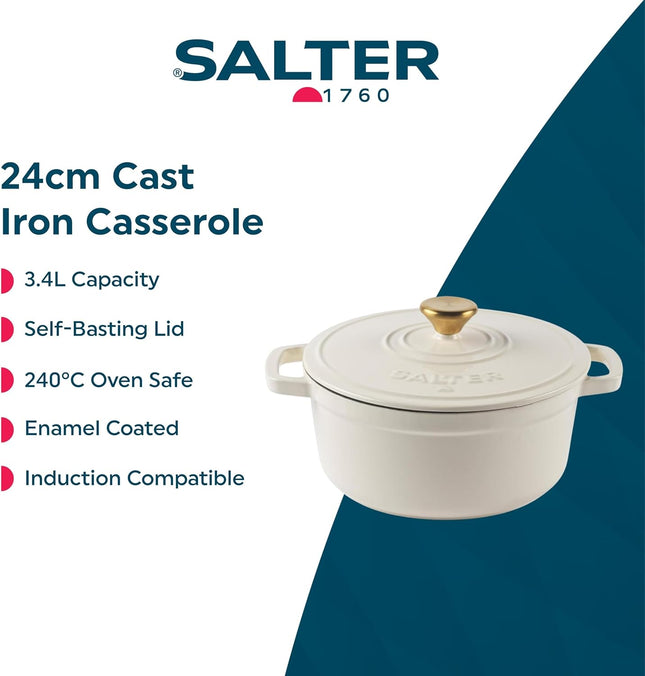 Salter Chester 24cm Cast Iron Casserole Pot – 3.4L Enamel Dutch Oven, Cream