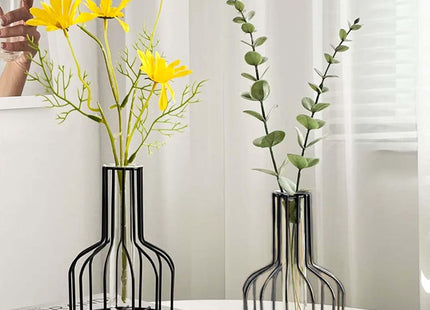 Pack of 2 Black Flower Vase with Metal Frame and Clear Glass – Black