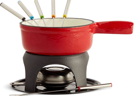 VonShef Red Cast Iron Fondue Set for Cheese & Chocolate, 6 Forks, Burner Included