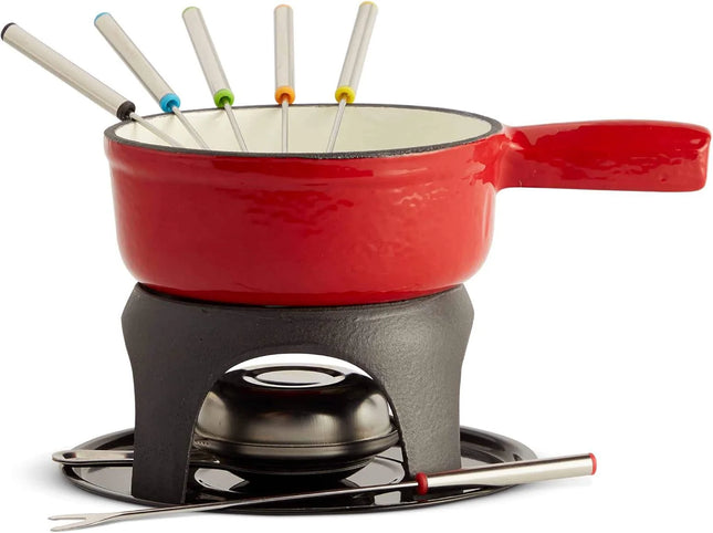 VonShef Red Cast Iron Fondue Set for Cheese & Chocolate, 6 Forks, Burner Included