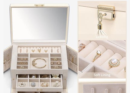 VLANDO Large 3-Drawer Jewellery Organiser Box with Mirror – Apricot White