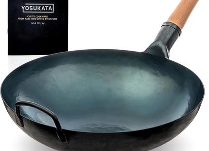 YOSUKATA 36cm Blue Carbon Steel Wok – Round Bottom Pre-Seasoned Pow Wok
