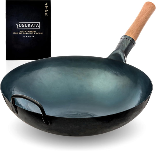 YOSUKATA 36cm Blue Carbon Steel Wok – Round Bottom Pre-Seasoned Pow Wok