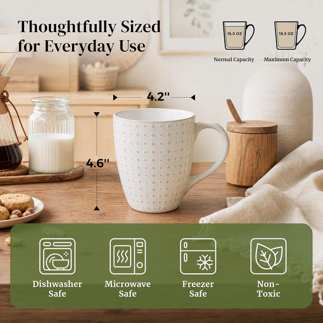 DOWAN 6-Piece 19oz Embossed Stoneware Coffee Mug Set – Arctic White