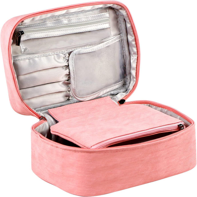 EXERZ Pink PU Makeup Travel Case with Detachable Pouch & Brush Compartments