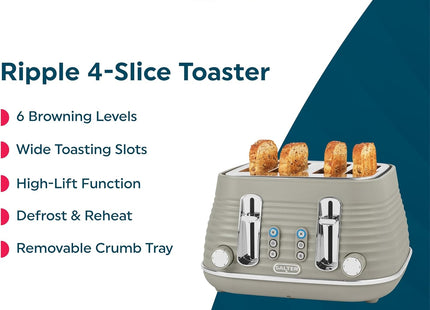 Salter Ripple 4 Slice Toaster – Taupe, Wide Slots, 1630W - Beige