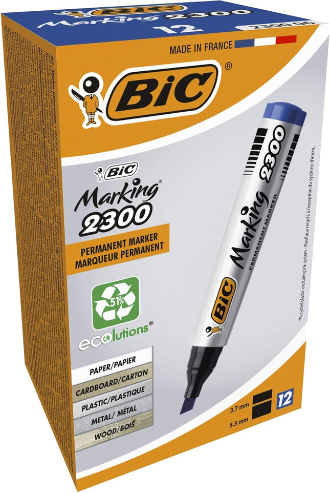BIC Marking 2300 ECOlutions Permanent Markers – Blue, Medium Tip (Box of 12)