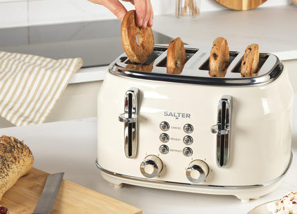 Salter Retro Cream 4-Slice Toaster – Wide Slots, 6 Browning Levels, 1630W