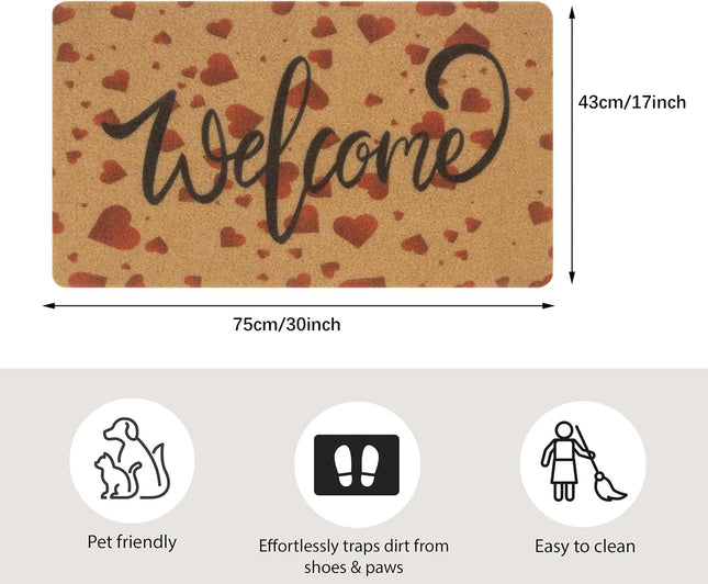 HilyBony Heart Welcome Doormat, Non-Slip –  Indoor & Outdoor Entrance Mat 75 x 43cm