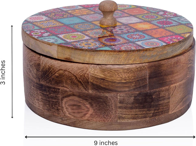Handmade Wooden Tortilla & Roti Warmer with Lid 9 Inch – Natural Brown