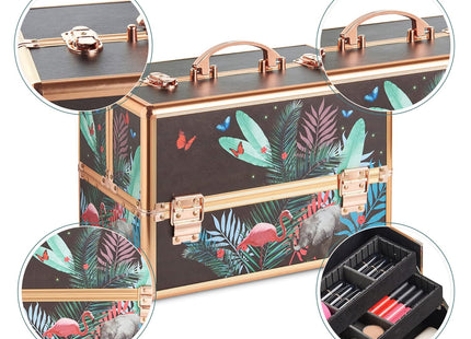 Beautify Jungle Print 3-Tier Makeup Vanity Case with Lockable Storage & Extendable Trays