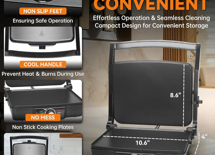Baker's Friend 2000W Panini Press & Sandwich Maker 4-Slice Grill – Stainless Steel