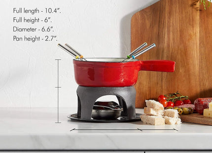 VonShef Red Cast Iron Fondue Set for Cheese & Chocolate, 6 Forks, Burner Included