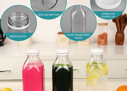 BELLE VOUS Glass Milk Bottles with Airtight Lids 1L Reusable Storage Bottles 3 Pack