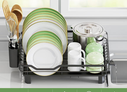Rottogoon Space-Saving Dish Drainer Rack with Drainage Spout, Board Holders – Black