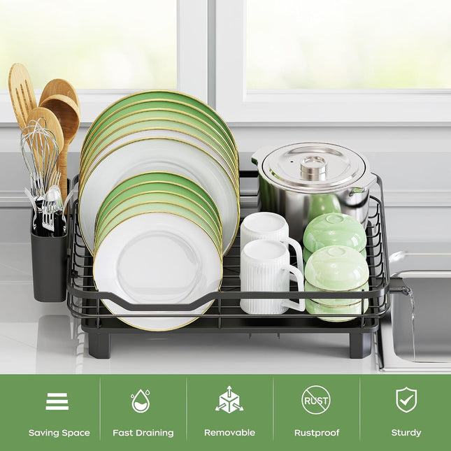 Rottogoon Space-Saving Dish Drainer Rack with Drainage Spout, Board Holders – Black