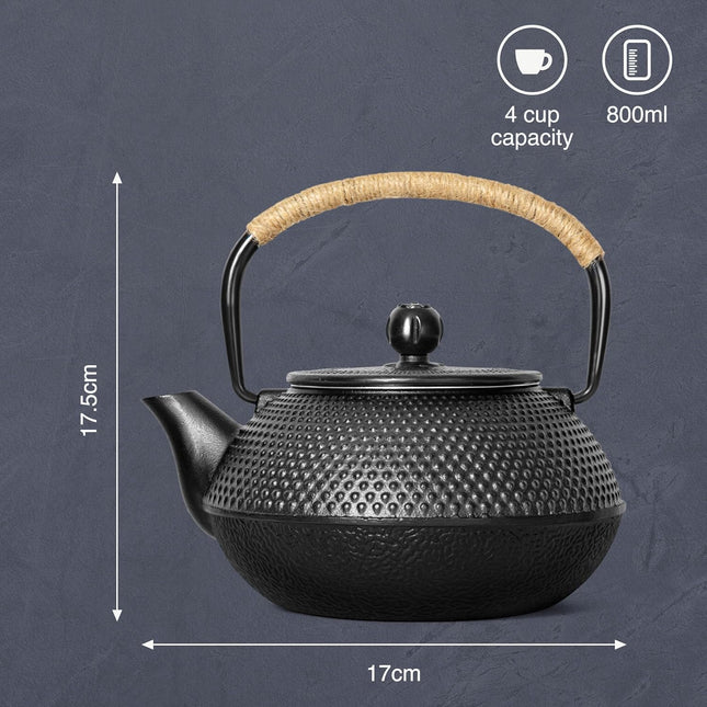 VonShef Cast Iron Teapot – 800ml Japanese Tetsubin with Mesh Infuser – Black