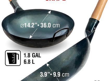 YOSUKATA 36cm Blue Carbon Steel Wok – Round Bottom Pre-Seasoned Pow Wok