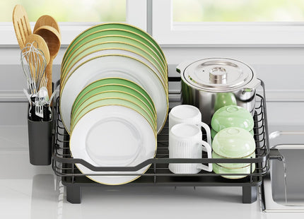 Rottogoon Space-Saving Dish Drainer Rack with Drainage Spout, Board Holders – Black