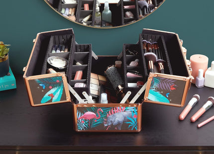 Beautify Jungle Print 3-Tier Makeup Vanity Case with Lockable Storage & Extendable Trays