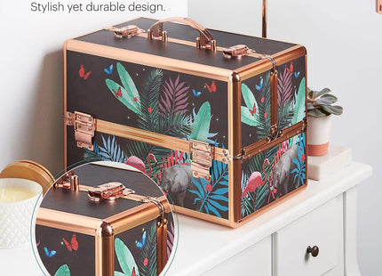 Beautify Jungle Print 3-Tier Makeup Vanity Case with Lockable Storage & Extendable Trays