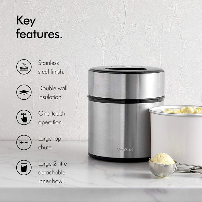 VonShef Ice Cream Maker Machine – 2L Frozen Yoghurt & Sorbet Maker, Stainless Steel