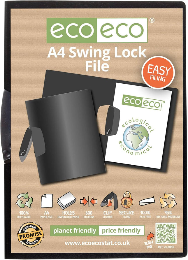 eco-eco A4 Swing Lock File – Black, 95% Recycled, 600 Micron Cover