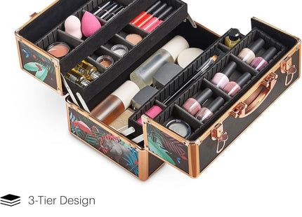 Beautify Jungle Print 3-Tier Makeup Vanity Case with Lockable Storage & Extendable Trays