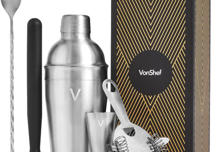 VonShef Manhattan Silver Cocktail Shaker Set – 5 Piece Stainless Steel Bar Kit