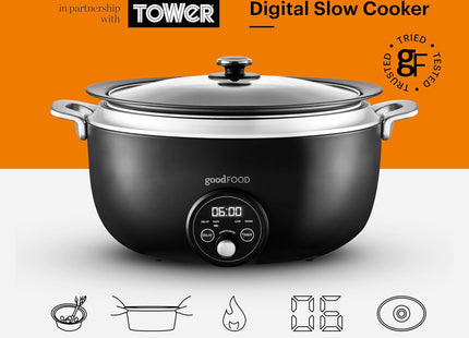 Good Food x Tower 6.5L Digital Slow Cooker with Delay Timer – Black & Stainless Steel