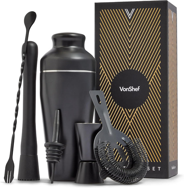 VonShef Parisian Cocktail Shaker Set – Black 6-Piece Stainless Steel Kit (550ml)