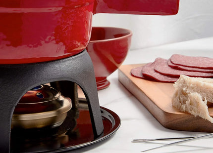 VonShef Red Cast Iron Fondue Set for Cheese & Chocolate, 6 Forks, Burner Included