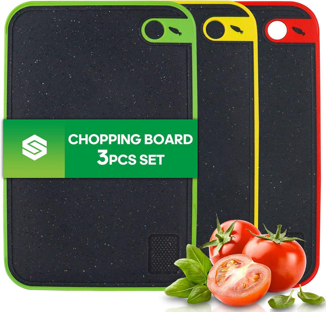 BOCHION 3-Piece Colour-Coded Chopping Board Set – BPA-Free, Non-Slip Cutting Boards