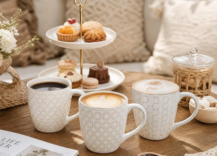 DOWAN 6-Piece 19oz Embossed Stoneware Coffee Mug Set – Arctic White