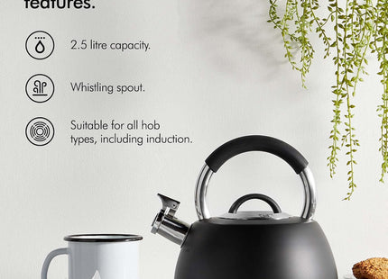 VonShef 2.5L Matte Black Whistling Stove Top Kettle – Stainless Steel, Induction Ready