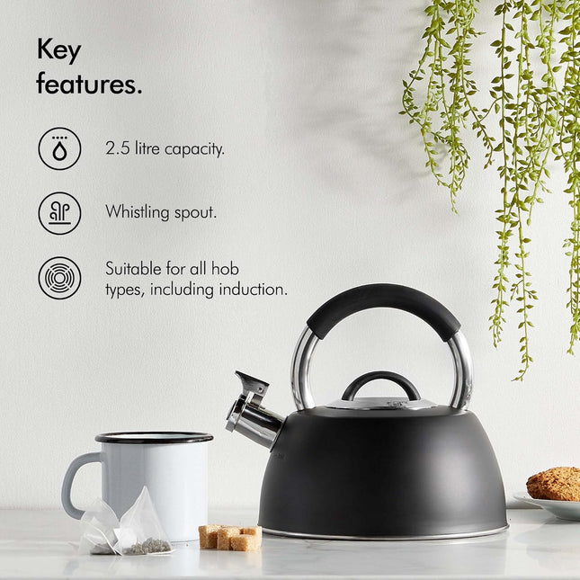 VonShef 2.5L Matte Black Whistling Stove Top Kettle – Stainless Steel, Induction Ready