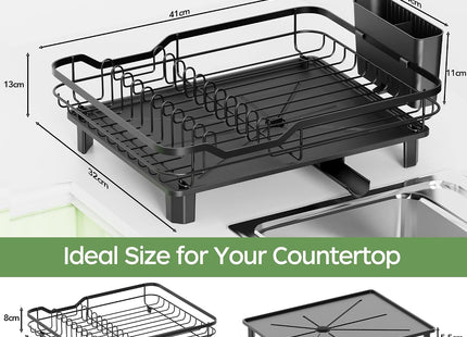 Rottogoon Space-Saving Dish Drainer Rack with Drainage Spout, Board Holders – Black