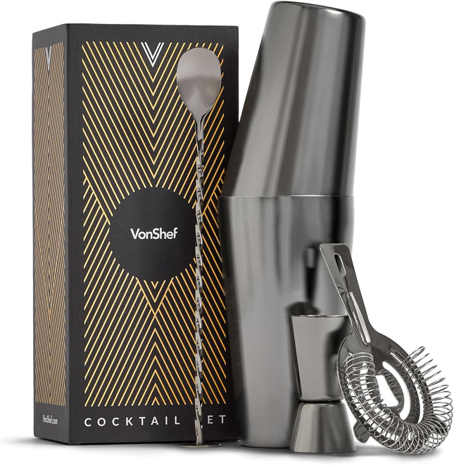 VonShef Graphite Boston Cocktail Shaker Set – 4 Piece Bartender Kit