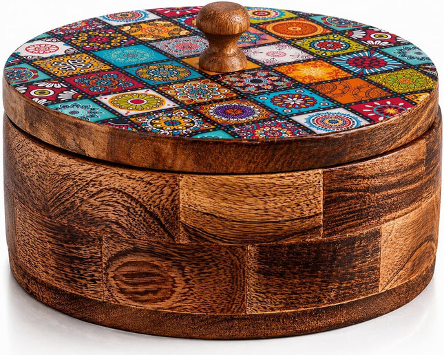 Handmade Wooden Tortilla & Roti Warmer with Lid 9 Inch – Natural Brown