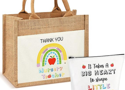 Xuniea 2 Piece Nursery Teacher Gift Set – Jute Tote & Cosmetic Pouch